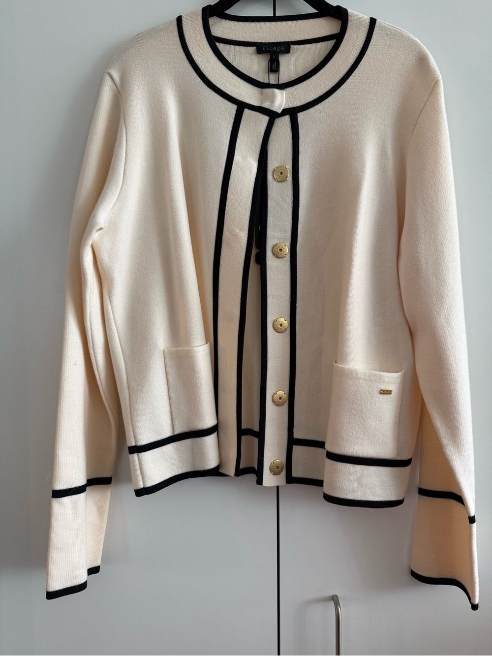 Escada Cream Contrast-Trim Knit Cardigan- Size Large